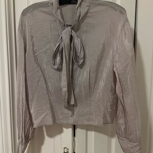Zara Light Gray Tie-Neck Blouse